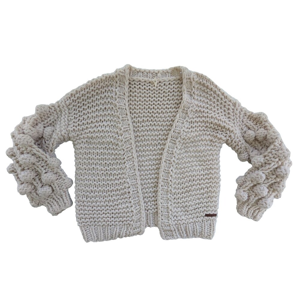Wishlist Handmade Chunky Knit Bubble Pom Cardigan Sweater Cream Women's S/M Boho